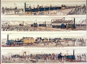 Die Eröffnung der Stockton und Darlington Eisenbahn, 1825; Lokomotivrennen in Rainhill, bei Liverpool, gewonnen von George Stephensons 